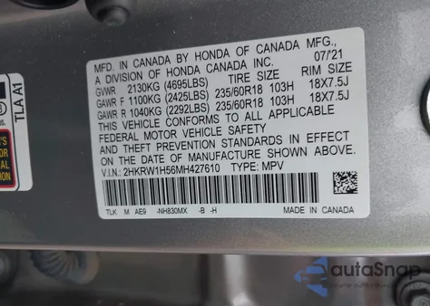 2021 Honda Cr-V 2Wd Ex z USA, uszkodzony, nr VIN 2HKRW1H56MH427610